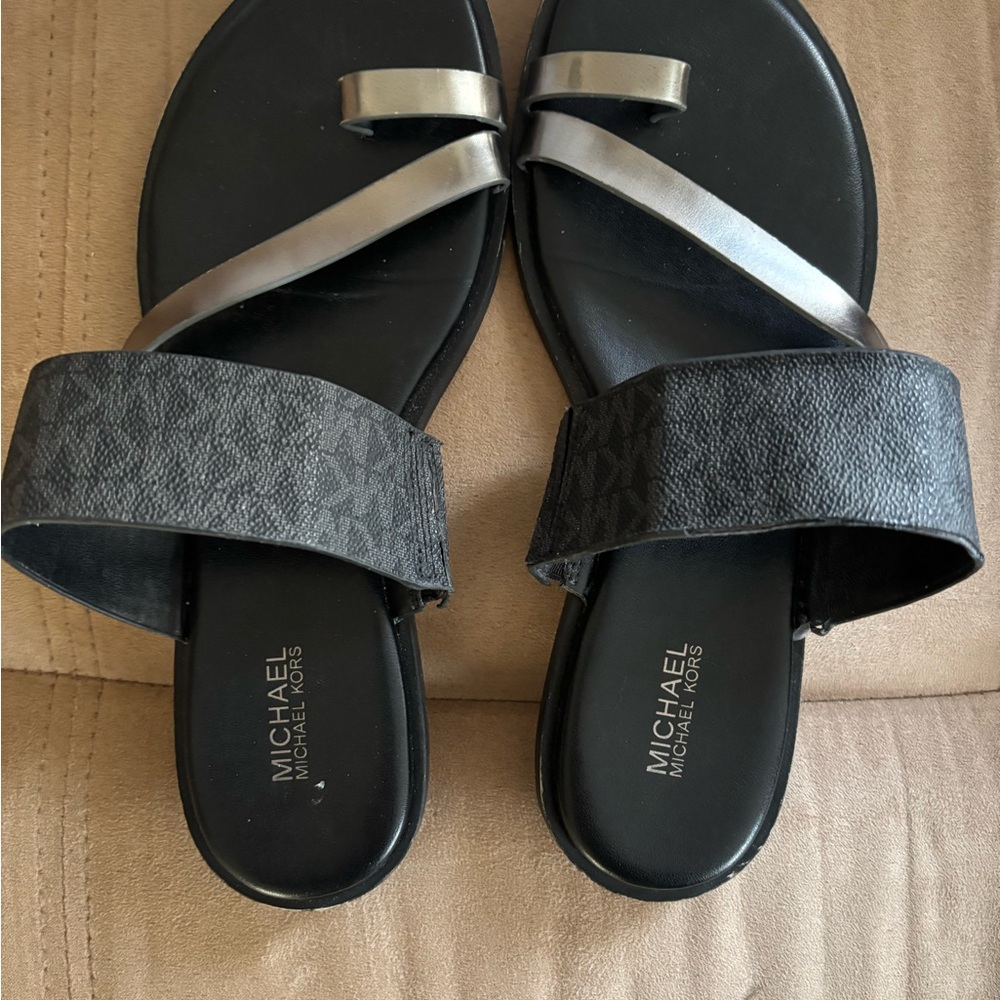 MICHAEL Michael Kors Black and Silver Slide Sandals